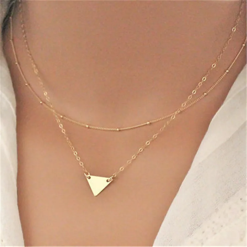 

Fashion simple tiny gold triangle double chain necklace for ladies women