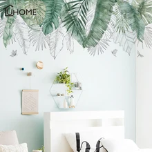 Fresh Natural Green Tropical Raffia Tree Leaves Wall Sticker Vinyl DIY Mural Art Sticker for Living Room Bedroom Wall Decals chic green leaves pattern wall sticker for bedroom livingroom decoration