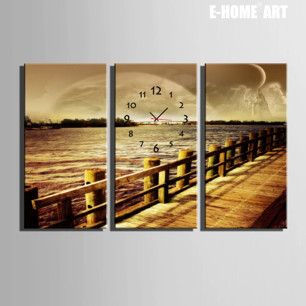 

Free Shipping E-HOME Riverside scenery Clock in Canvas 3pcs wall clock