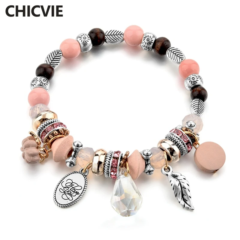 

CHICVIE Femme Vintage Boho Bijoux Ethnic Jewelry Feather And Leave Bracelets & Bangles For Women Beads Charm Bracelet SBR170121