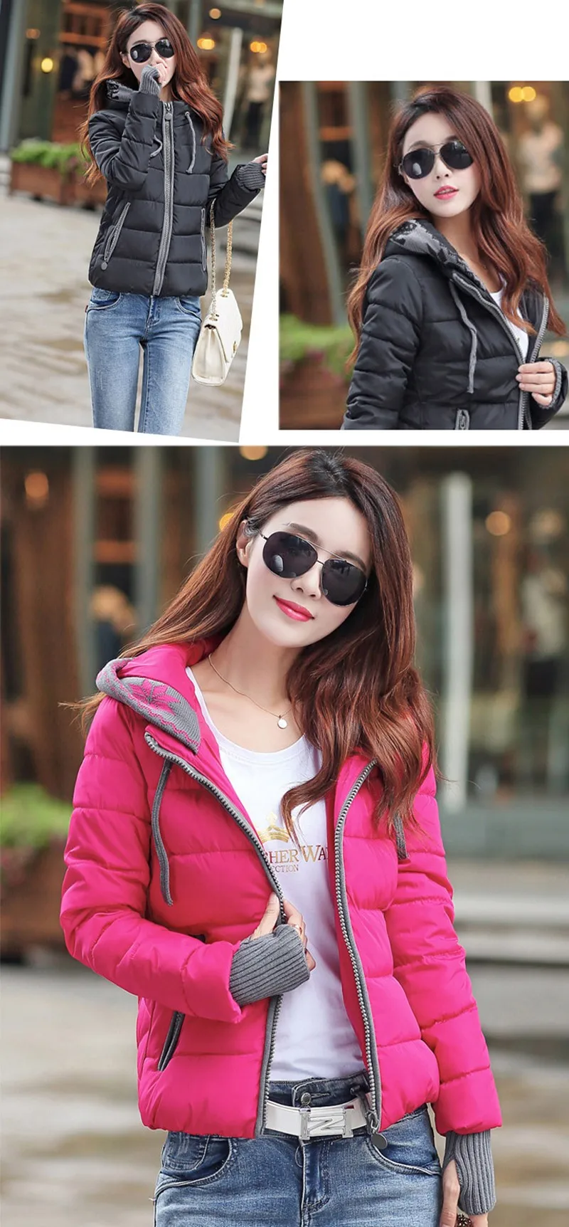 Women Winter Coat Long Sleeve Print Floral Hooded Slim Winter Parka Plus Size Cotton-Padded Jackets 2XL (10)