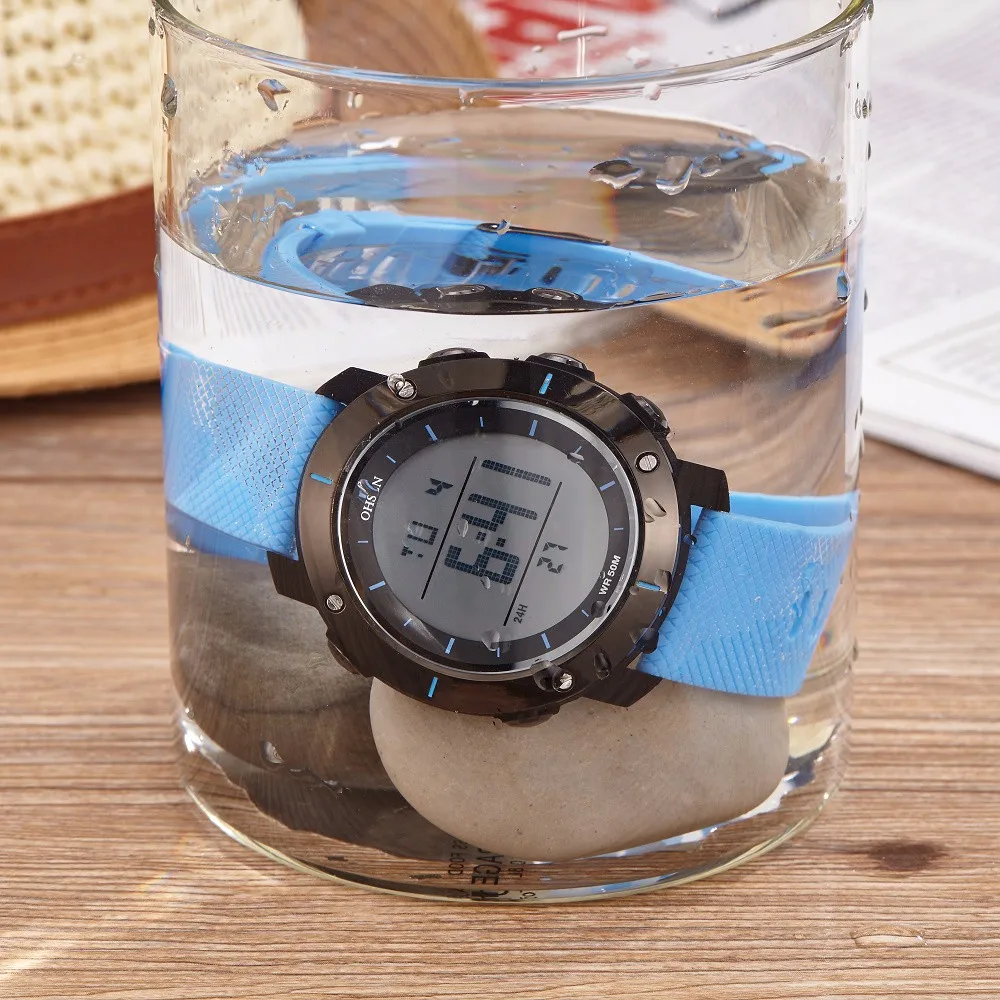 OHSEN ЖК-дисплей Для мужчин Часы Relogio цифровой masculino подарки 50 м Водонепроницаемый каучуковый ремешок Синий модные уличные спортивные Наручные часы