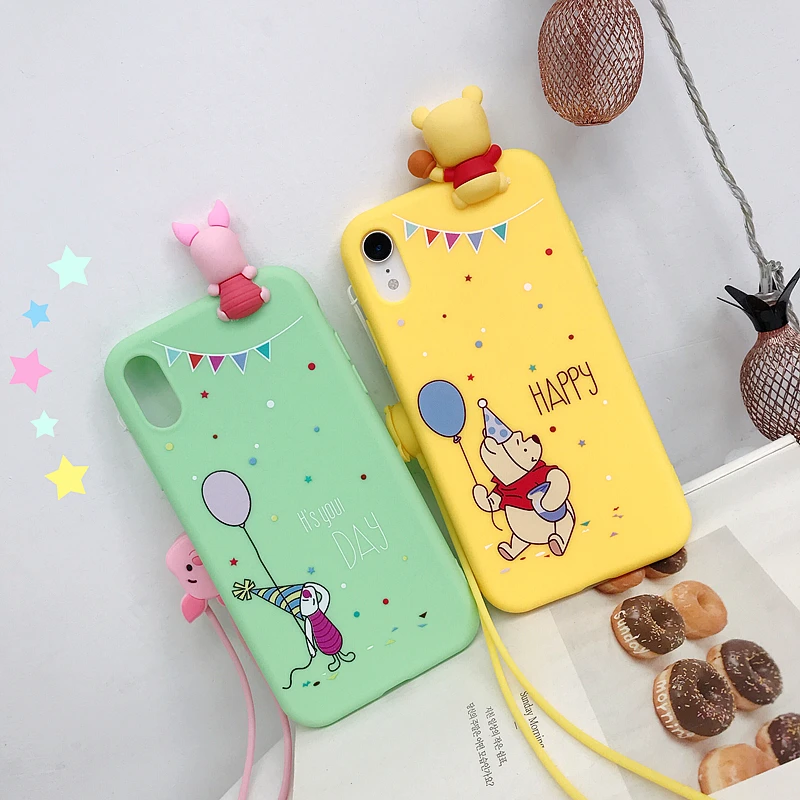 

Marchcover for iPhone X XS MAX XR 8 7 6 6S Plus 3D Doll Cute Cartoon Balloon Bear case IMD Long strap Soft TPU cover armor