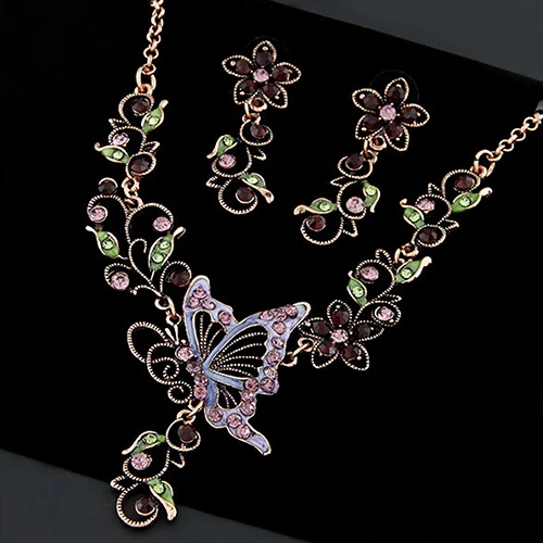 

Women's Butterfly Flowers Love Jewelry Sets CZ Stone Vintage Necklace Earrings