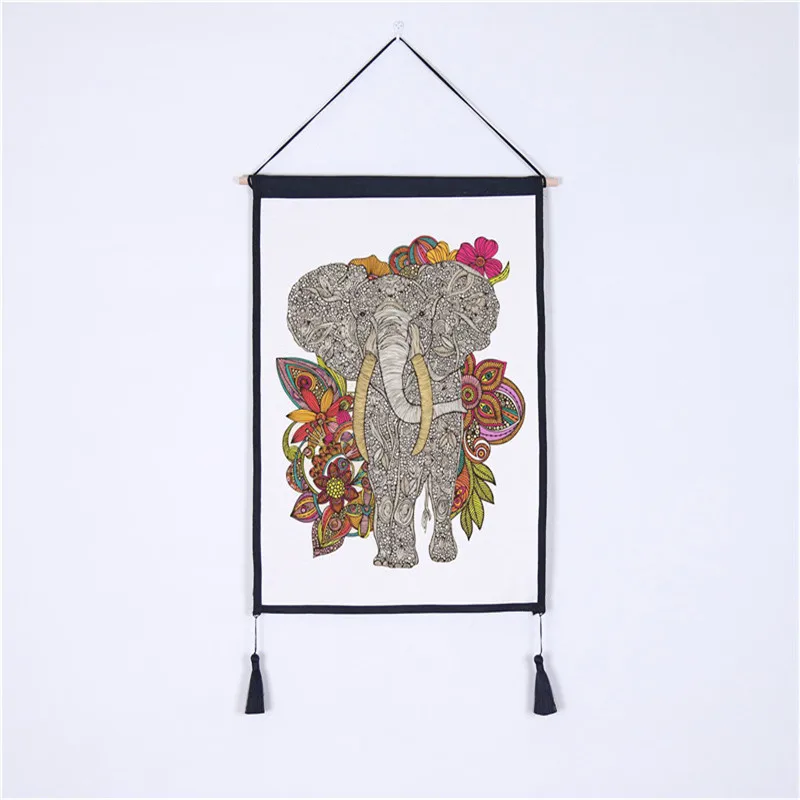 

Indian Art Style Big Elephant Home Decor Wall Hanging Tapestry Cotton Linen Scroll Painting with Tassels Decorating