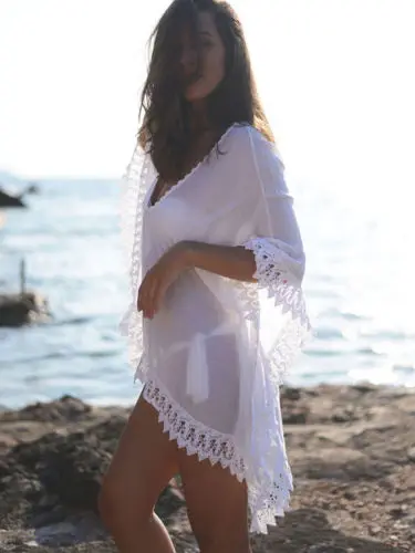 

2017 ITFABS Sexy Women's Beach White Colors Wear Chiffon Lace Half Sleeve Lace Flower Bikini Swimming Cover Up