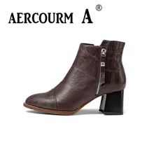 Aercourm A Women Winter Cowhide Ankle Boots Genuine Leather Boots Solid Pointed Toe Shoes Square High Heel Side Zipper Boots 952 woman genuine leather platform square heel knee high boots round toe side zipper dress winter boots black
