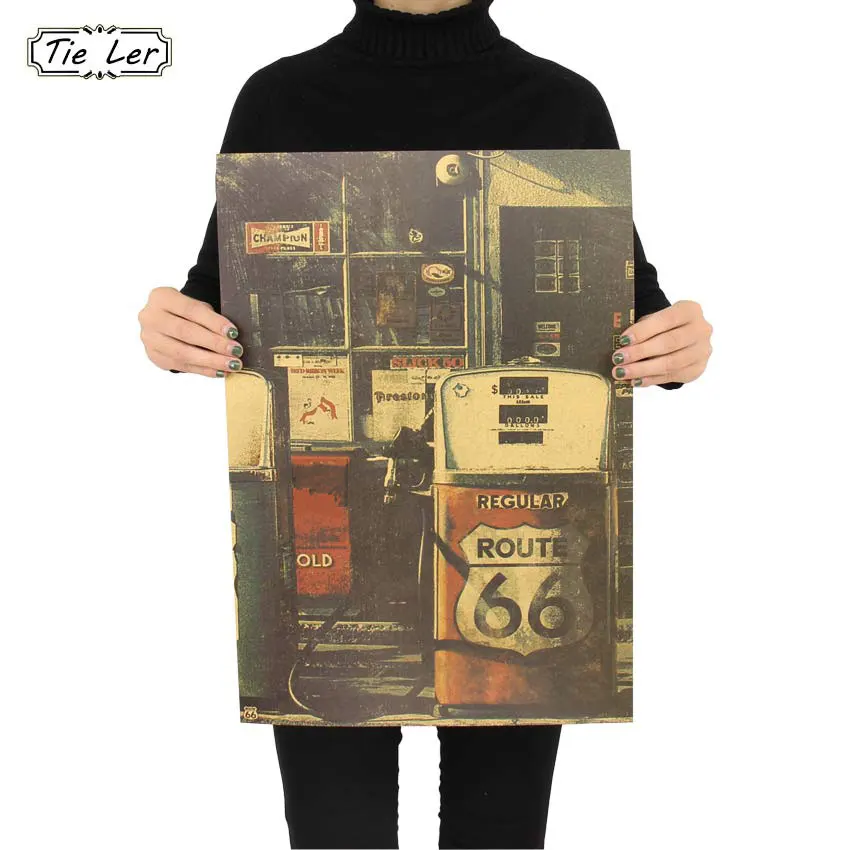 

United States Route 66 Gas Station Wall Sticker Retro Nostalgia Kraft Paper Poster 51.5x36cm