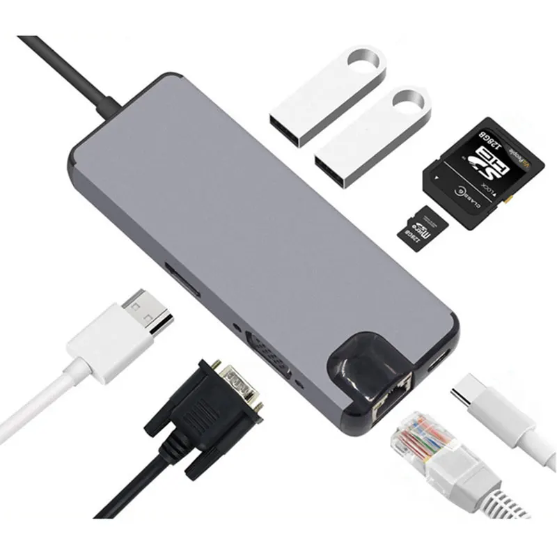 

USB Type C Adapter Cable for Macbook Pro Type C To HDMI 4K VGA Ethernet Lan RJ45 SD TF Type C Hub USB 3.0 Card Reader 8 In 1