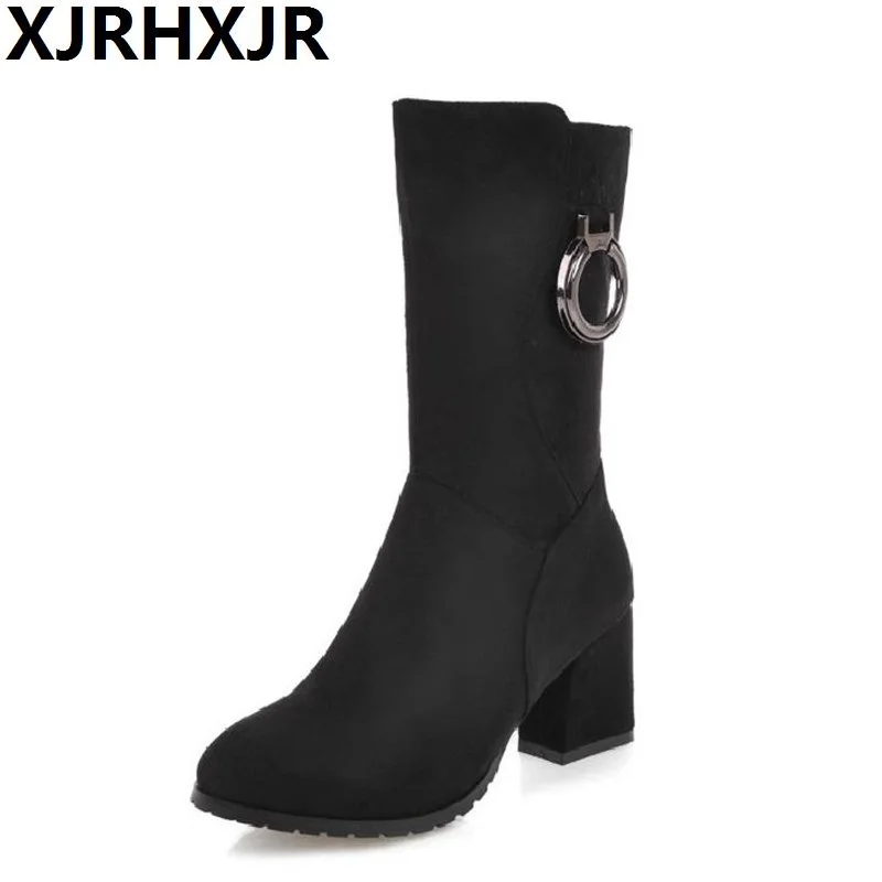 

XJRHXJR 2019 New Women Shoes Suede Leather High Heel Med Leg Boots High Quality Women Autumn Winter Boots Shoes Size 31-43