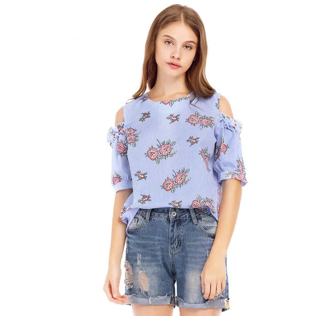 Shoulderless 2017 Summer Womens Tops and Blouses Fashion O Neck Floral ...