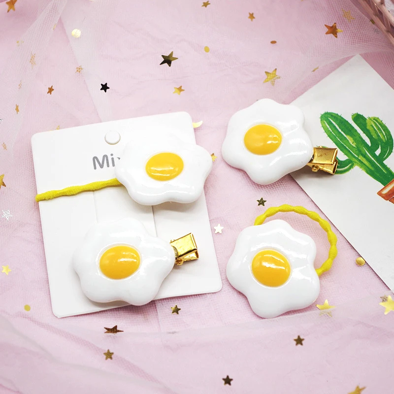 

2Pcs/Set New Arrivals Girls Headdress Creative Poached Egg Hair Bands Hair Clips Headwear Set Cute Cartoon Hairpins Rubber Bands