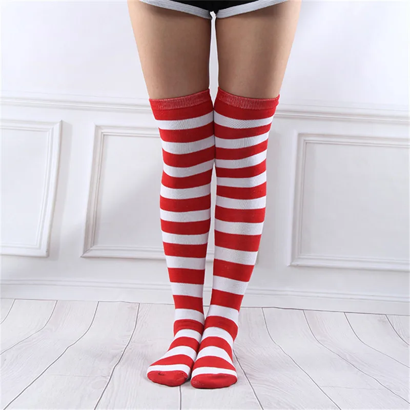 1 Pair Wide Striped Long Women's Striped Stockings White Red Student Stocking Medias Sexy Over The Knee Socks