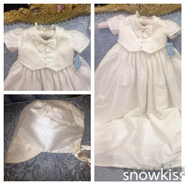 2015 Baby Boys Christening Gown with Bonnet Silk Outfit Suit Baptism Robe