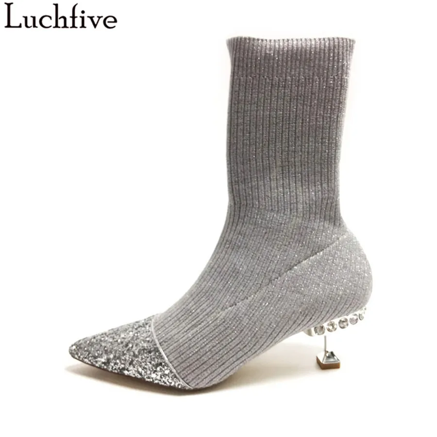 Bling bling sequin beige black kitten Heel Knitted Ankle Boots for ...