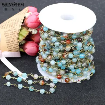 

ShinyGem Gold Plating Rainbow Natural Stone Bead Chain 6mm Faceted Round Colorful Crystal Agates Chain For Jewelry Making 5M/Lot