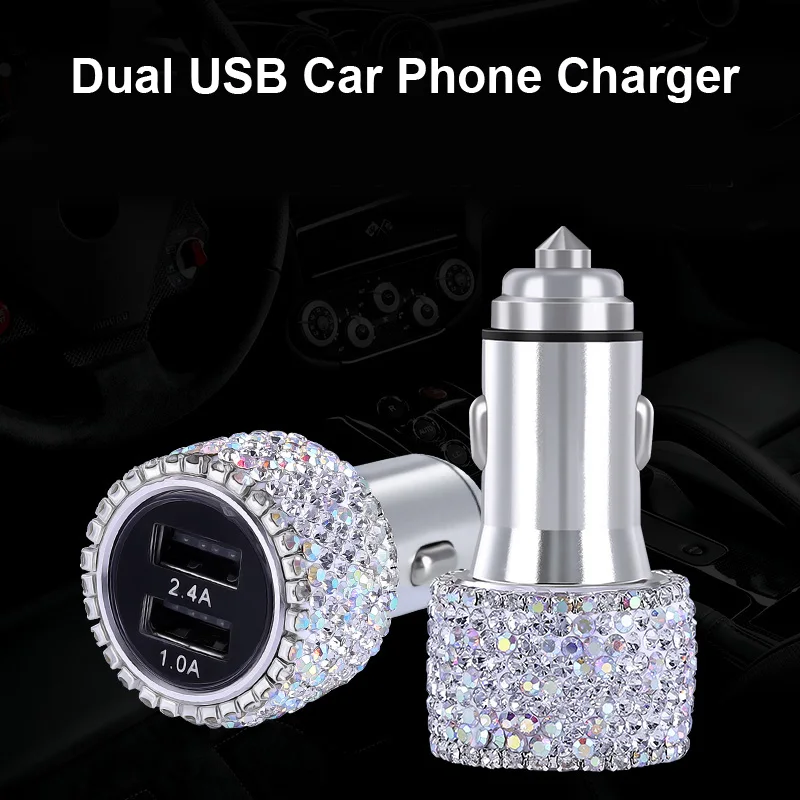 Dual USB Car Charger For Mobile Phone Tablet GPS Fast Charger Crystal Diamond Phone 3 Data Line Wire in Car Cigarette Lighter