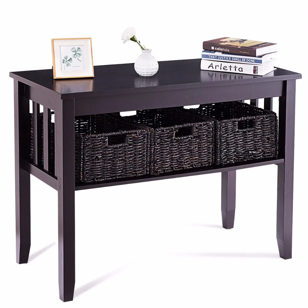 Giantex Wooden Rectangle Side Storage End Table Home Office Furniture 3 Foldable Baskets Home Furniture HW54677