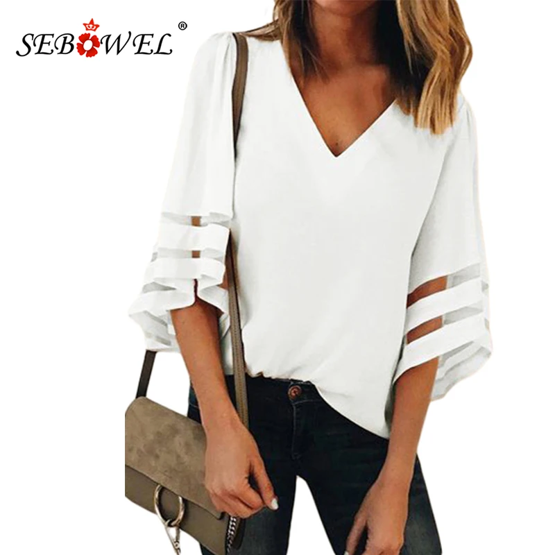 

SEBOWEL 2019 White Flare Sleeve V Neck Loose Blouse and Top Casual Women Summer Fashion Blouses and Shirts Female Clothes S-XXL