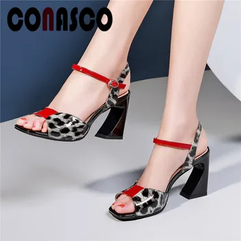 

CONASCO Leopard Totem Cow Leather Summer Elegant Pumps Women New Concise Hoof High Heels Prom Party Summer Sandals Shoes Woman