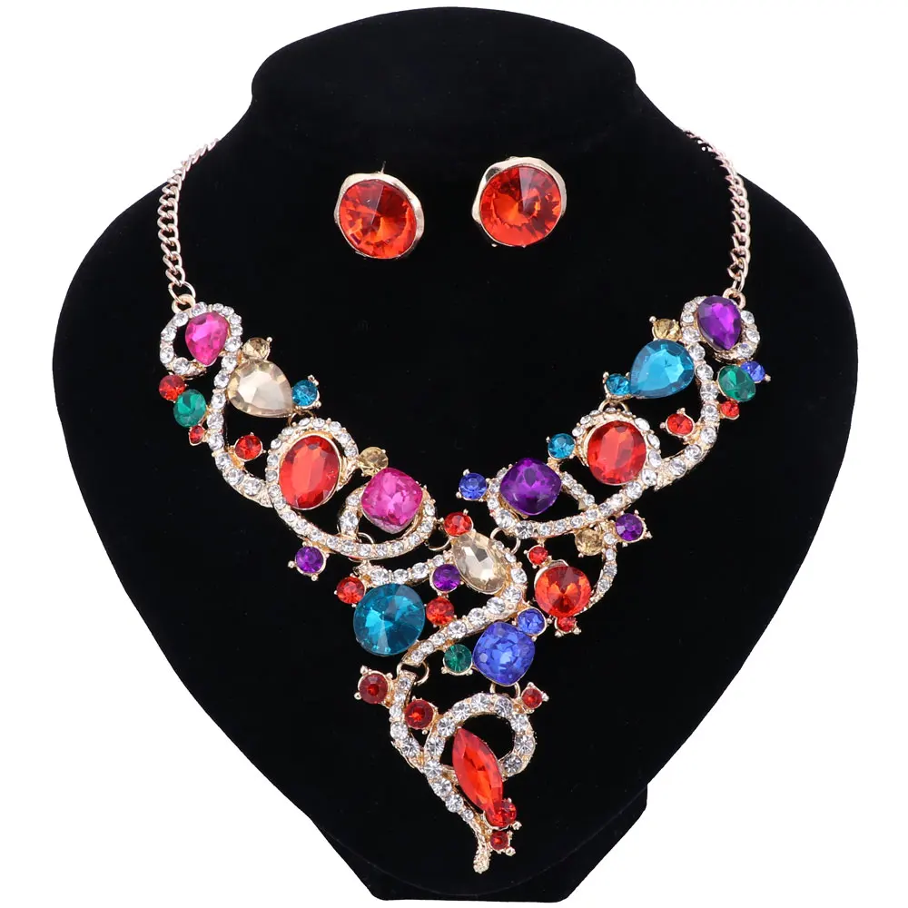 

Trendy Indian Jewelery Set African Beads Crystal Necklace Earrings Bridal Sets for Brides Party Wedding Holiday Accessories
