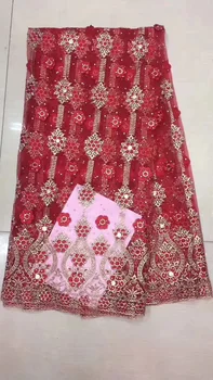 

Nigerian Lace Fabric 2019 High Quality Lace Red Gold African Lace Fabric With Rhinestones Embroidery Lace Fabric For Weeding
