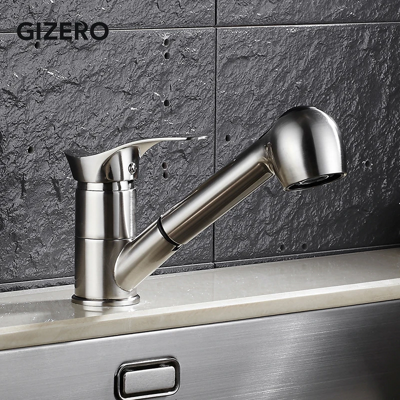 

Kitchen Pull Out Faucets Chrome Brush Kitchen Sink Mixer Taps Dual Spout Cold And Hot Water Faucets torneira cozinha ZR704