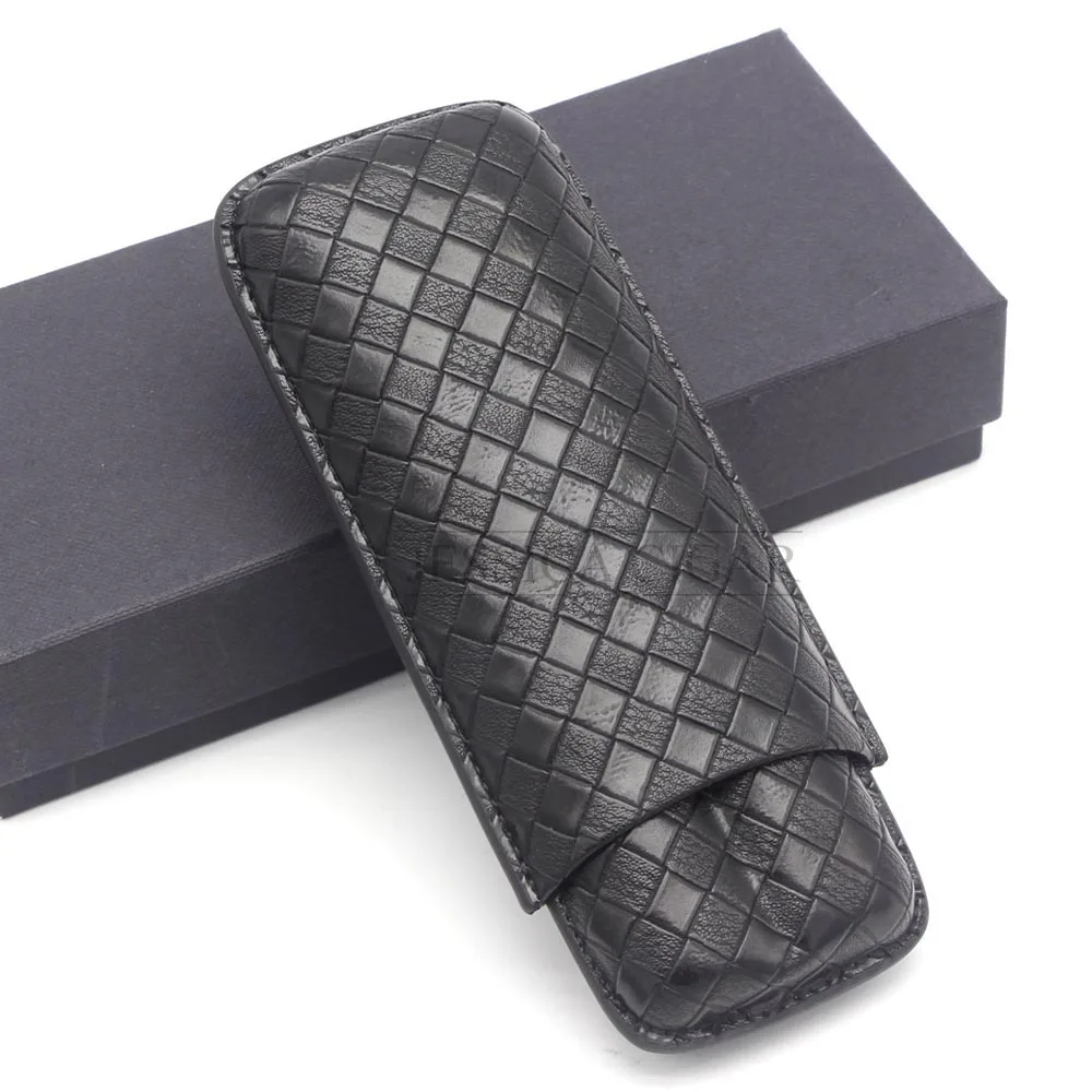  COHIBA Gadgets Black Portable 2 Tube Cigars Holder Leather Cigar Case Travel Mini Humidor Cigar Box