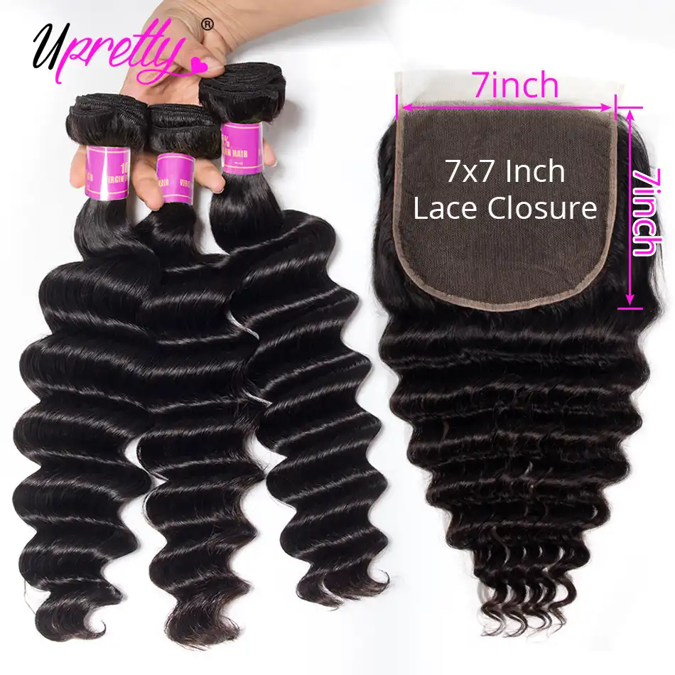 Upretty 7x7 Lace Closure With Bundles Brazilian Loose Deep Wave
