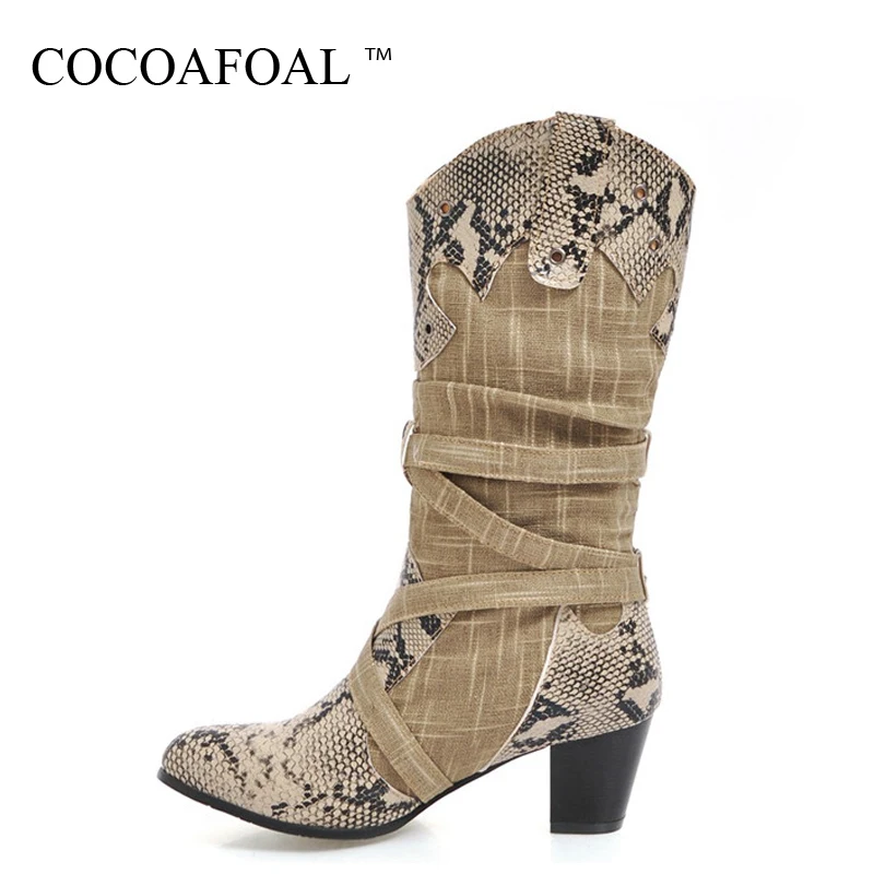 

COCOAFOAL Women's Knee High Boots Winter Woman High Heel Shoes Plus Size 34 43 Fashion Sexy Snakeskin Knee High Boots Denim 2018