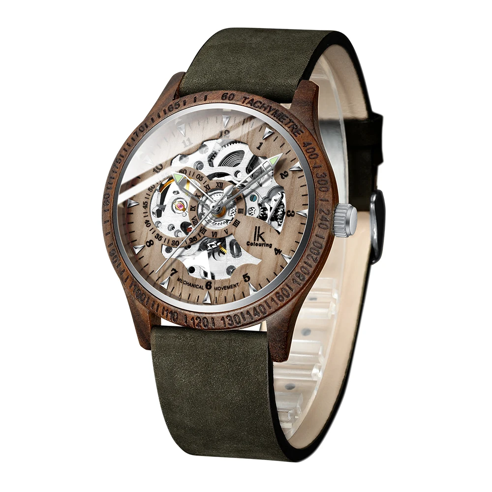 IK Colouring Men Watch Vintage Wood Case Suede Leather Bracelet Automatic Mechanical Skeleton Steampunk Wooden Male Wristwatch