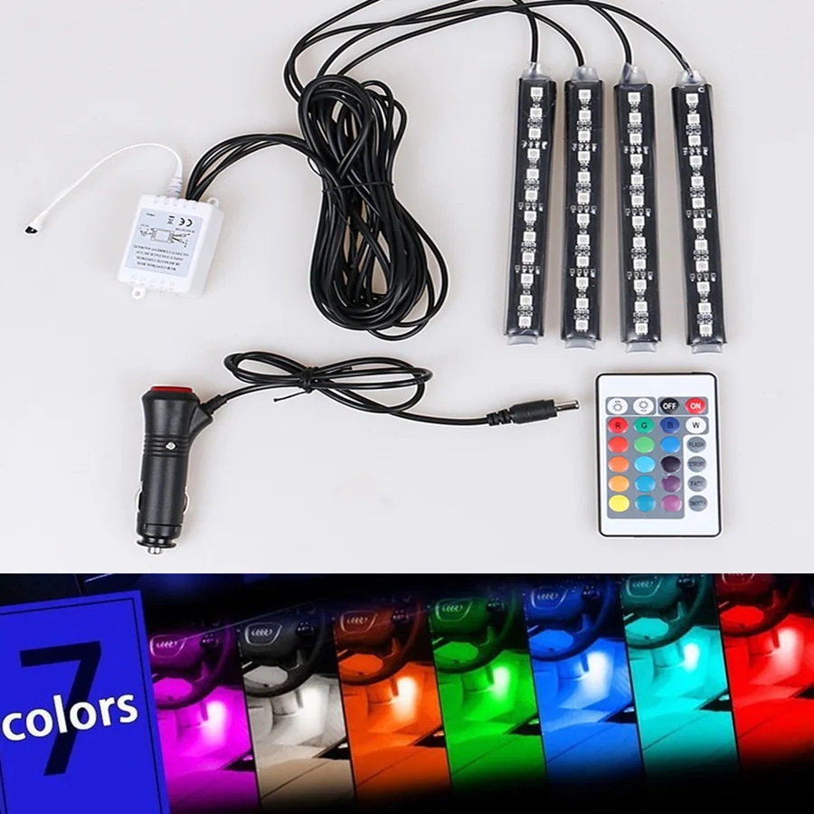 12V 6W Car styling 4*12 LED Decorative Mood Foot Light Colorful Car