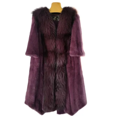 Натуральное меховое пальто от Natural2019 модное женское длинное пальто из натурального меха норки с воротником из меха серебристой лисы Розничная/ для зимы - Цвет: Upstart purple