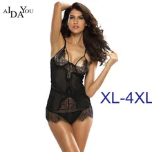 AIDAYOU Для женщин пижамы черный halt кружева рукавов белье нижнее белье Ночная рубашка sexy пижамы плюс размер XL-5XL ouc3290