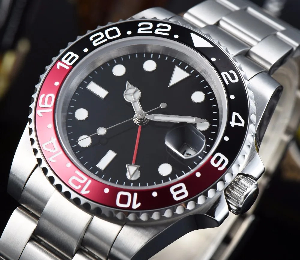 Мужские часы 40 мм, автоматические часы GMT,, черный и красный ободок, сапфировое стекло, циферблат, часы из нержавеющей стали, мужские L40-4