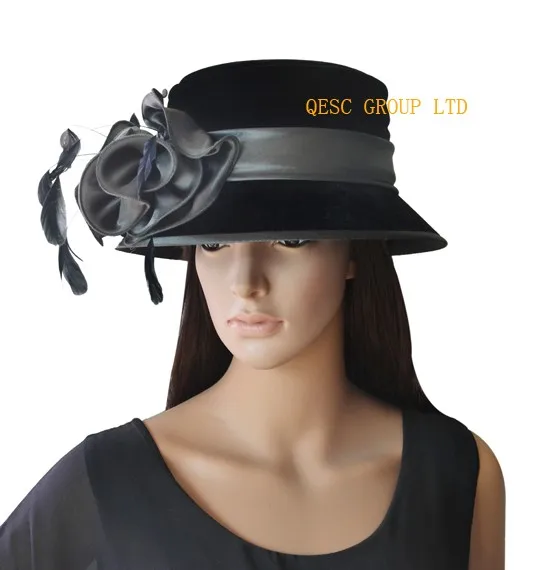 Дизайн Дамская бархатная нарядная церковная шляпа с перьями, темно-серый/черный цвет, для гонок свадьбы формального случая