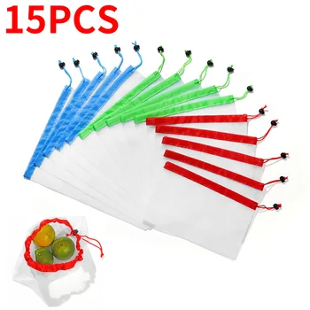 

15pieces Kitchen Washing Environmental Protective Bags Fruit and Vegetable Bags Polyester Sculpture Network Bag Set 5 +5 +5
