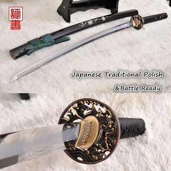 

LYUESWORD Japanese Samurai Sword Katana Abrasive Damascus Clay Tempered Sharpened Blade Full Tang Brass Tsuba Seashell Saya