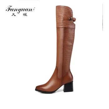 

FANYUAN Genuine Leather + pu leather over the knee boots Women thigh High boots female booties Botas Mujer botte femme botines
