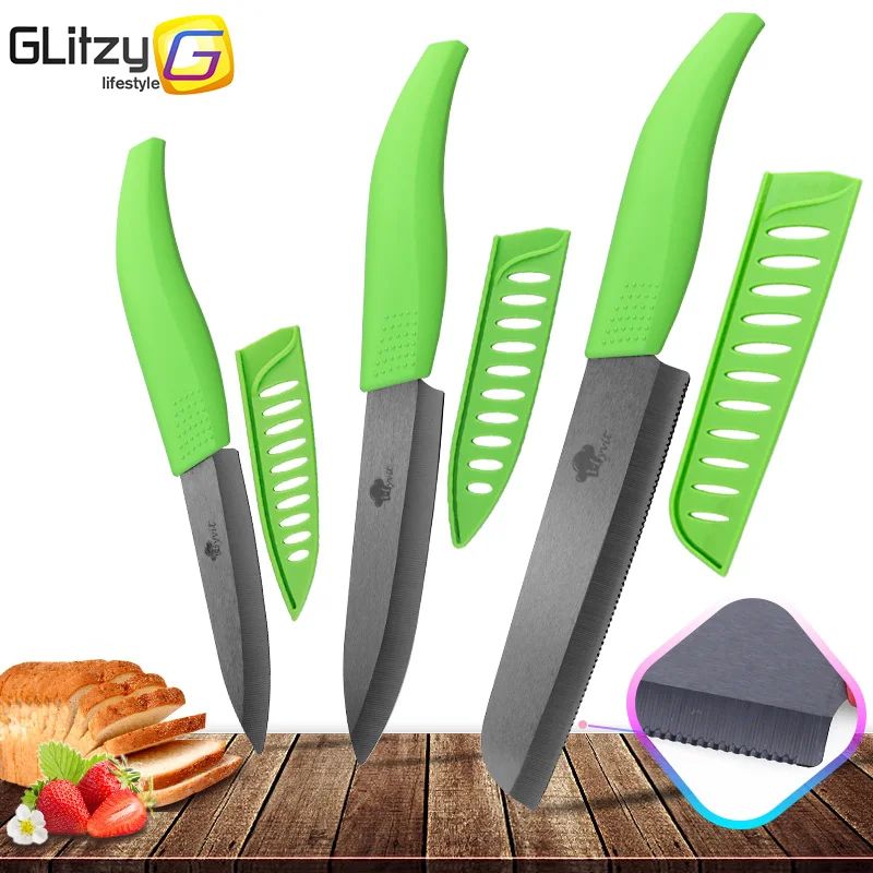 Керамический нож 4, 5, 6 дюймов, циркониевый черный нож с зубчатым лезвием для хлеба, кухонные ножи для нарезки, набор с красочной ручкой из 3 предметов - Цвет: 456B inch Green