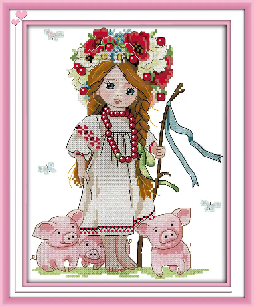 Girl and piglets cartoon diy painting counted print on the canvas DMC 11CT 14CT kits NKF Cross Stitch embroidery needlework Sets