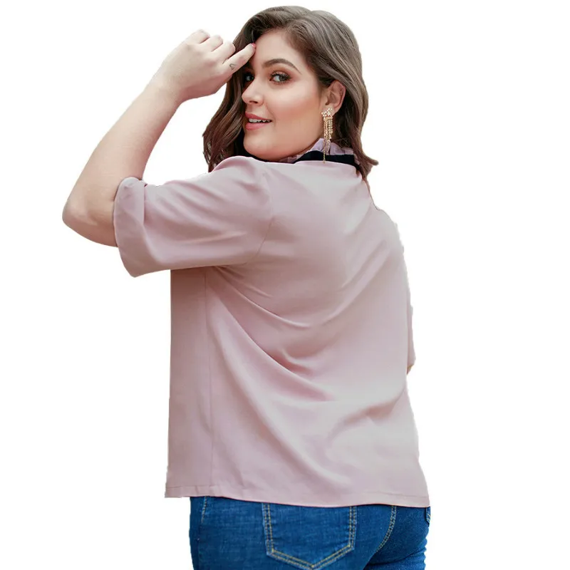 KM STYLISH Women Blouse Shirts Pink Female Big Size Plus Size 4XL Shirts Blusas Bow Short Sleeve Oversize Women Tops Mujer A058