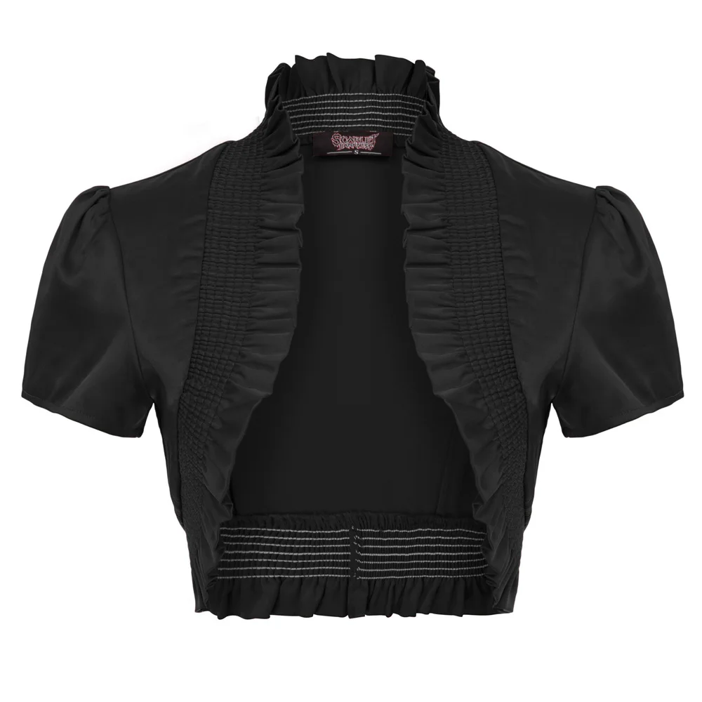 Black SL Женское пальто Шраг, Ретро стиль, короткий рукав, воротник-стойка, атласная с рюшами, болеро, однотонный, черный, красный, высокое качество, болеро, модные топы - Цвет: Black