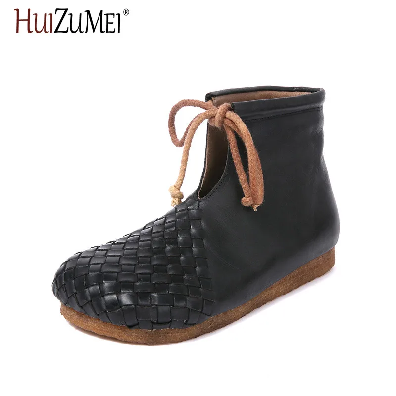 

HUIZUMEI Autumn and winter new women's boots original comfortable British boots retro handmade wild round head shoes naked boots