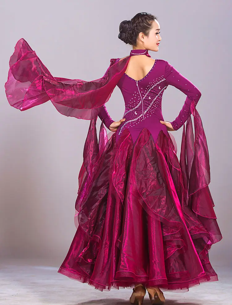 5 видов цветов красный синий бального танца Конкурс платья вальс танец платье бахрома светящиеся костюмы стандартные Бальные платья