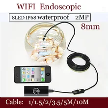 Shina wifi промышленный эндоскоп 8 мм USB Водонепроницаемый Бороскоп Инспекционная камера 8 светодиодный для Android или IOS Телефон 1 м/1,5 м/2 м/3,5 м/5 м