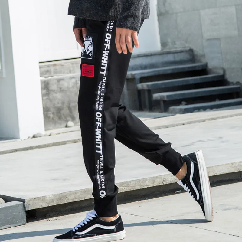 

Men pencil pants 2019 spring and autumn black teenage boy casual bunch pants student youth male trousers letter Korean style