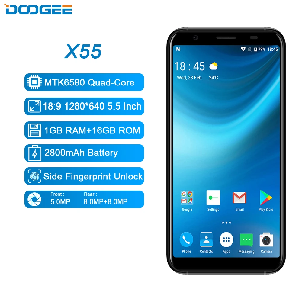 DOOGEE X55 Смартфон Android 7 0 5 дюймов HD 18:9 MTK6580 4 ядра 16 Гб Встроенная память двойной