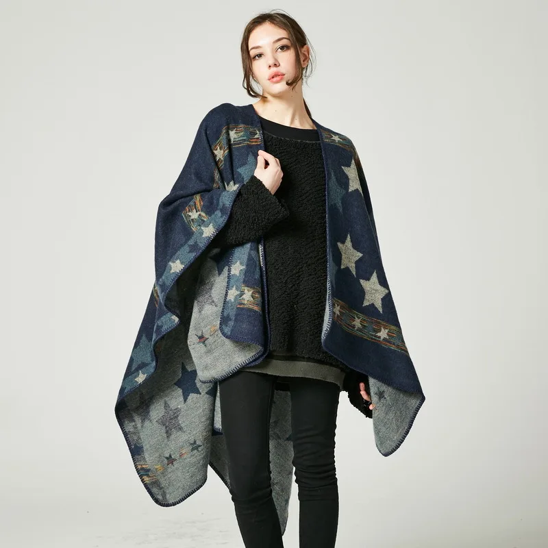 Новая женская шаль из искусственного кашемира со звездами и цветными полосками, длинная импортная шаль, утолщенный шерстяной шарф-воротник