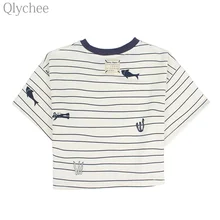 Qlychee Casual Summer Women T-shirt Whale Print Loose White T Shirt Stripe Cartoon Pattern Print Tee Top for Lady Plus Size